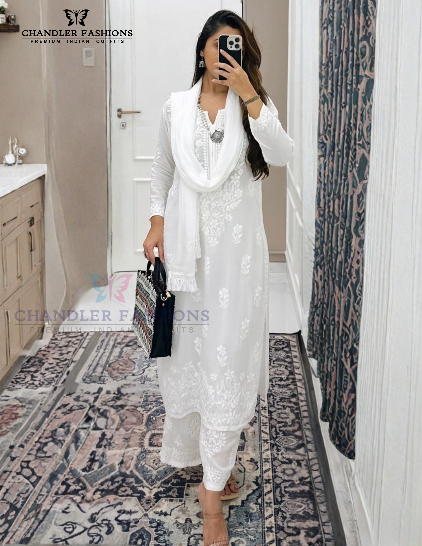 White Color Muslin With Embroidery Work Palazzo Suits In USA