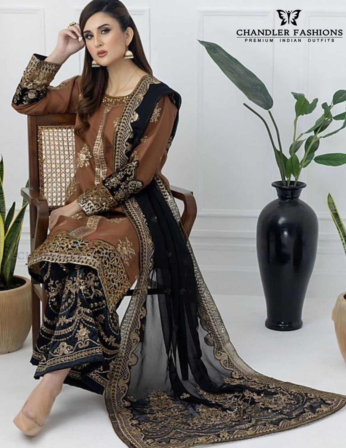 Brown And Black Color Embroidery Palazzo Suits In Tempe