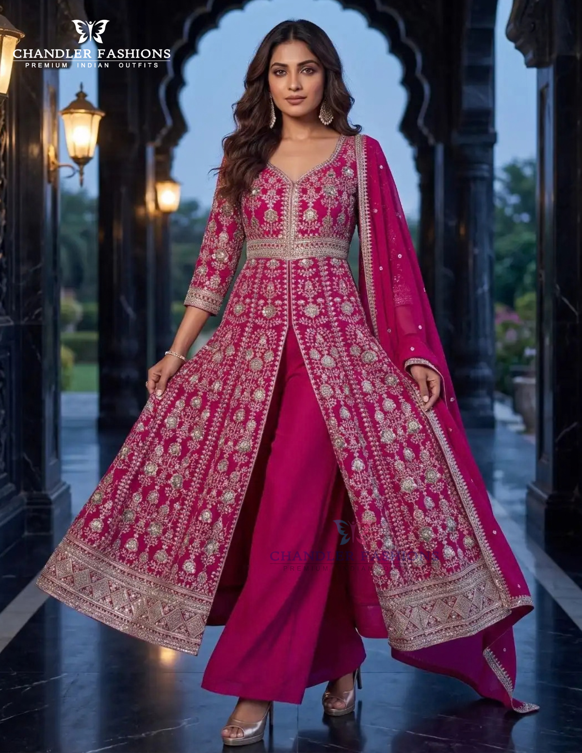 Alluring Pink Color Chinon With Embroidery And Thread Work Palazzo Suit For Women