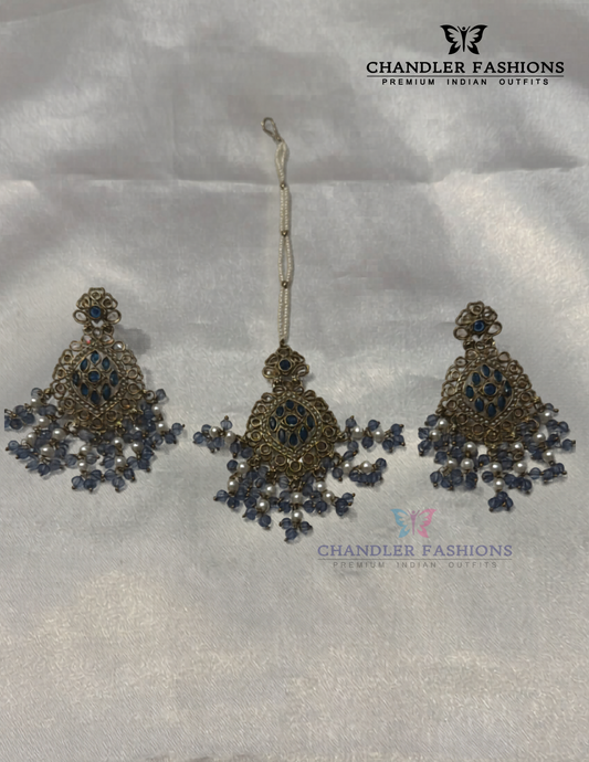 Stunning Navy Blue Color Stones And Beads White Pearls Earrings With Maang Tikka
