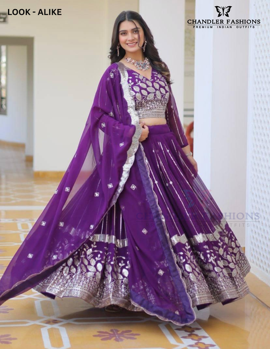 Attractive Purple Color Georgette With Sequins Embroidery Work Lehenga Choli For Women