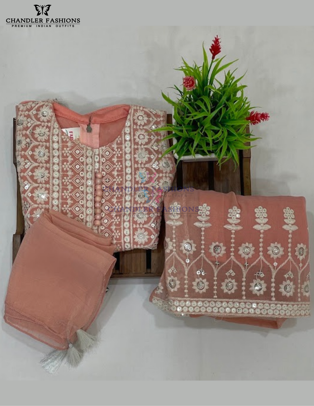 Peach Color Chiffon Palazzo Suits With Heavy Embroidery Work In USA