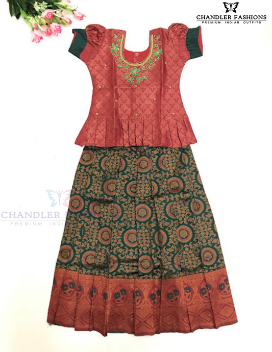 Pleasing Maroon And Pink Color Silk Langa Set With Stone And Zari Work For Girls