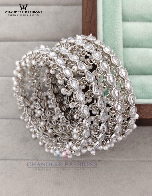 Stunning White Color Stones And Pearls American Diamond Bangles For Women