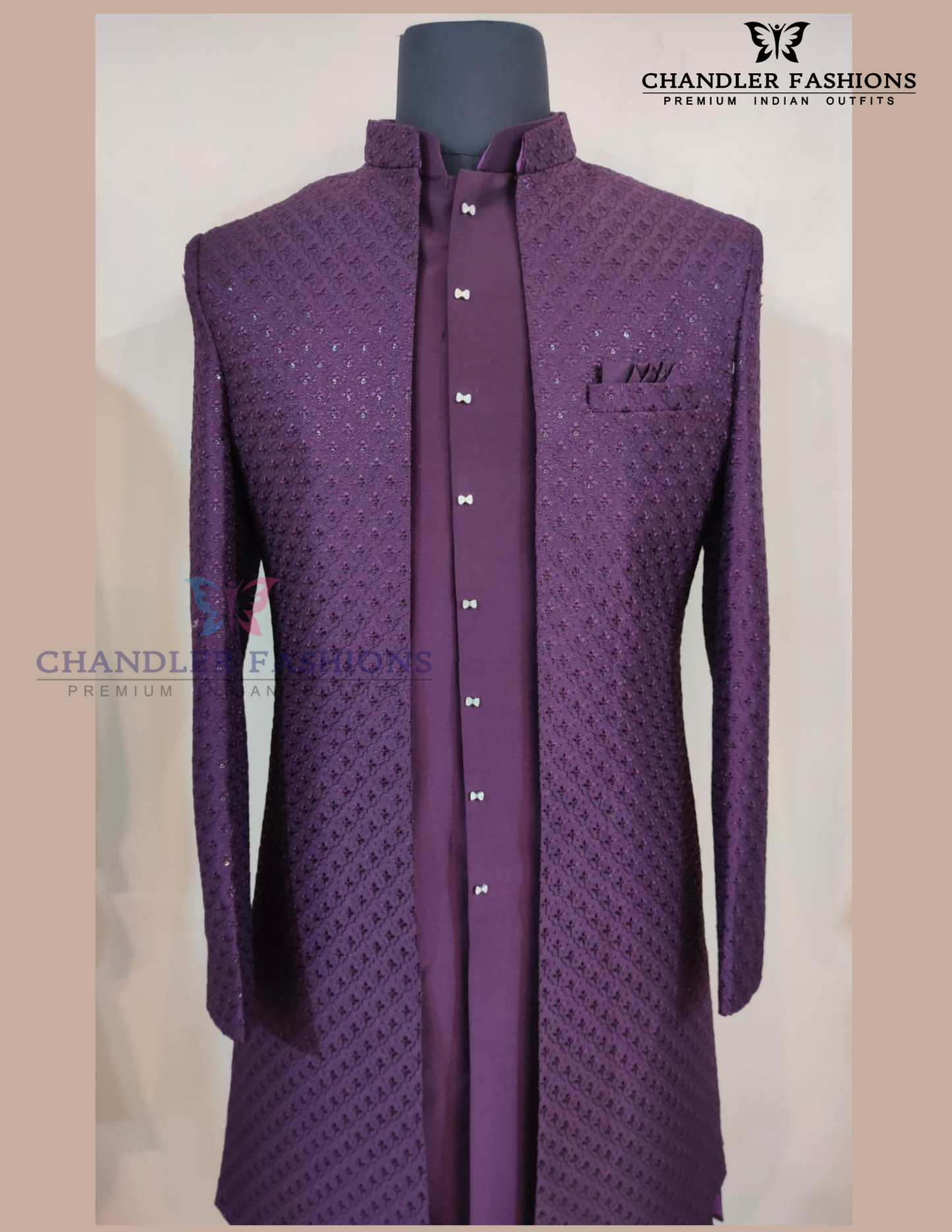 Wine Color Raw Silk With Hand Embroidery Work Sherwani Suit For Men Near Me