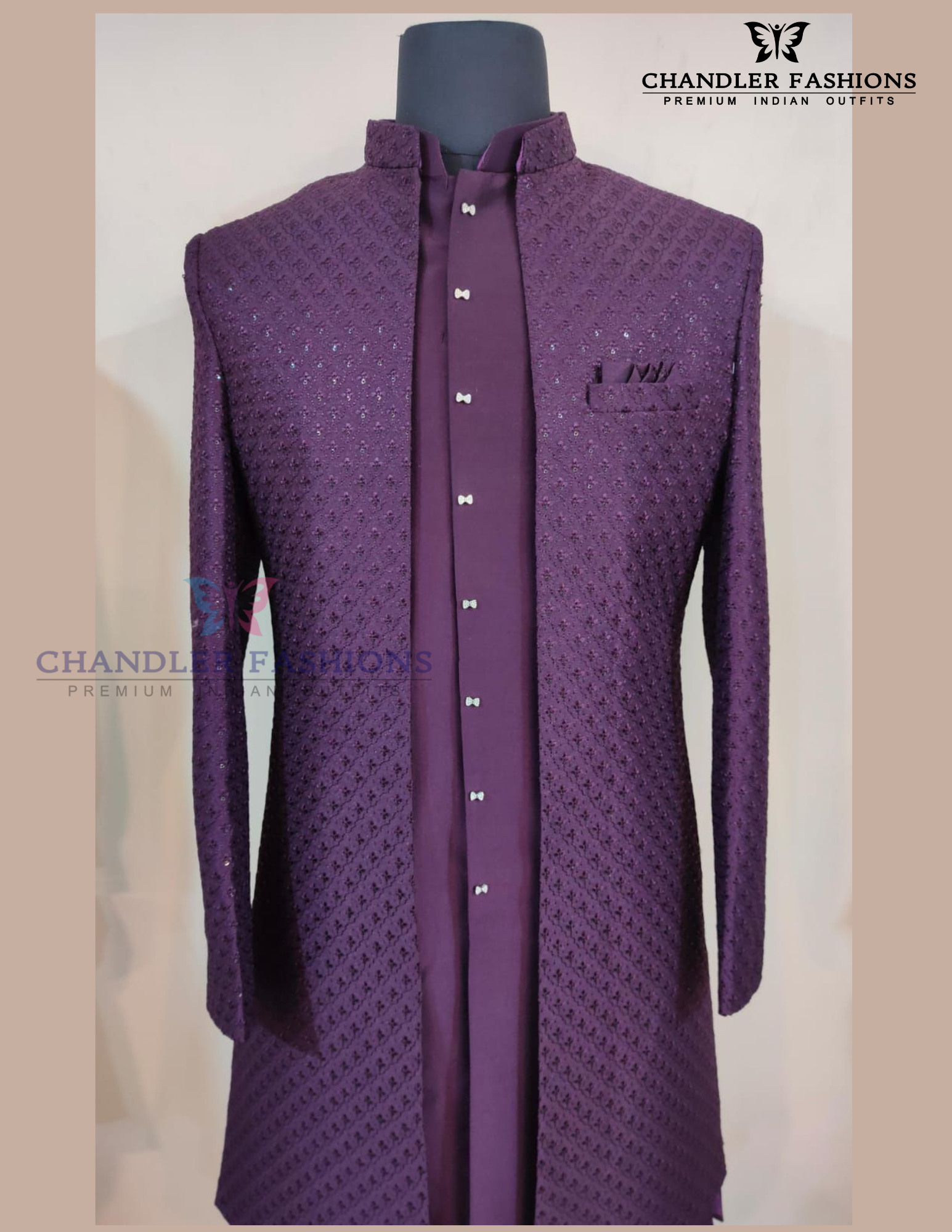 Wine Color Raw Silk With Hand Embroidery Work Sherwani Suit For Men Near Me