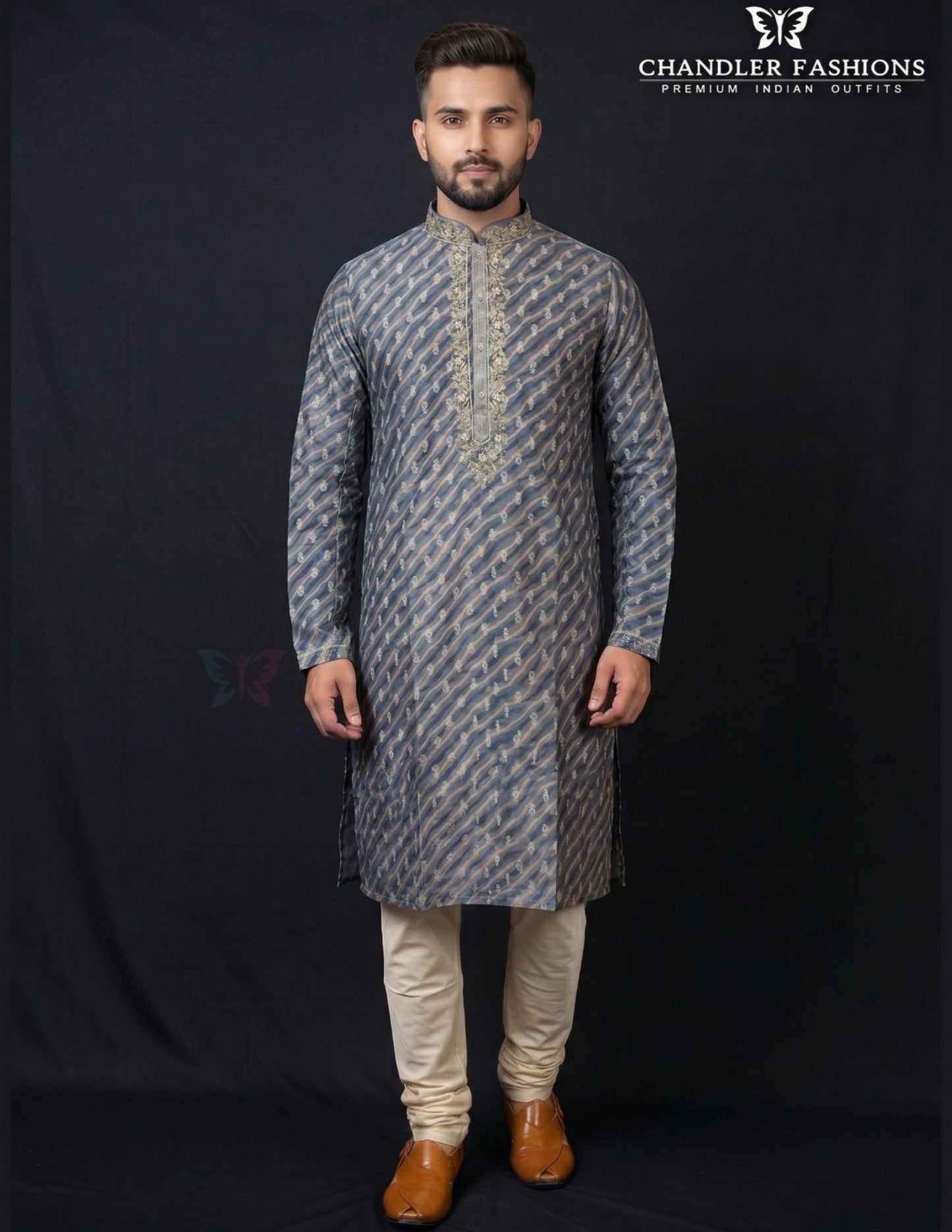 Beautiful Ash Grey Color Raw Silk Designer Men's Kurta With Stone And Embroidery Work