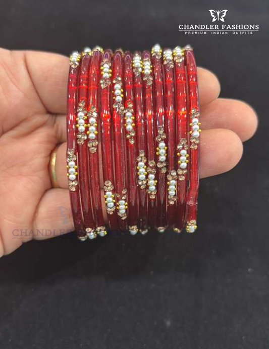 Marvelus Dark Red Colored Glass Bangles For Women