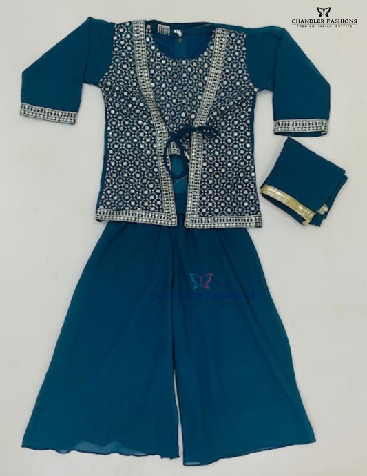 Beautiful Blue Color Georgette Kurti Suits With Embroidery And Sequins Work For Kids Girls