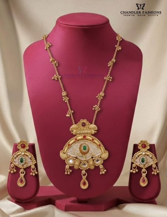 Appealing Red And Green Color Stone Antique Gold Necklace With Earrings Set