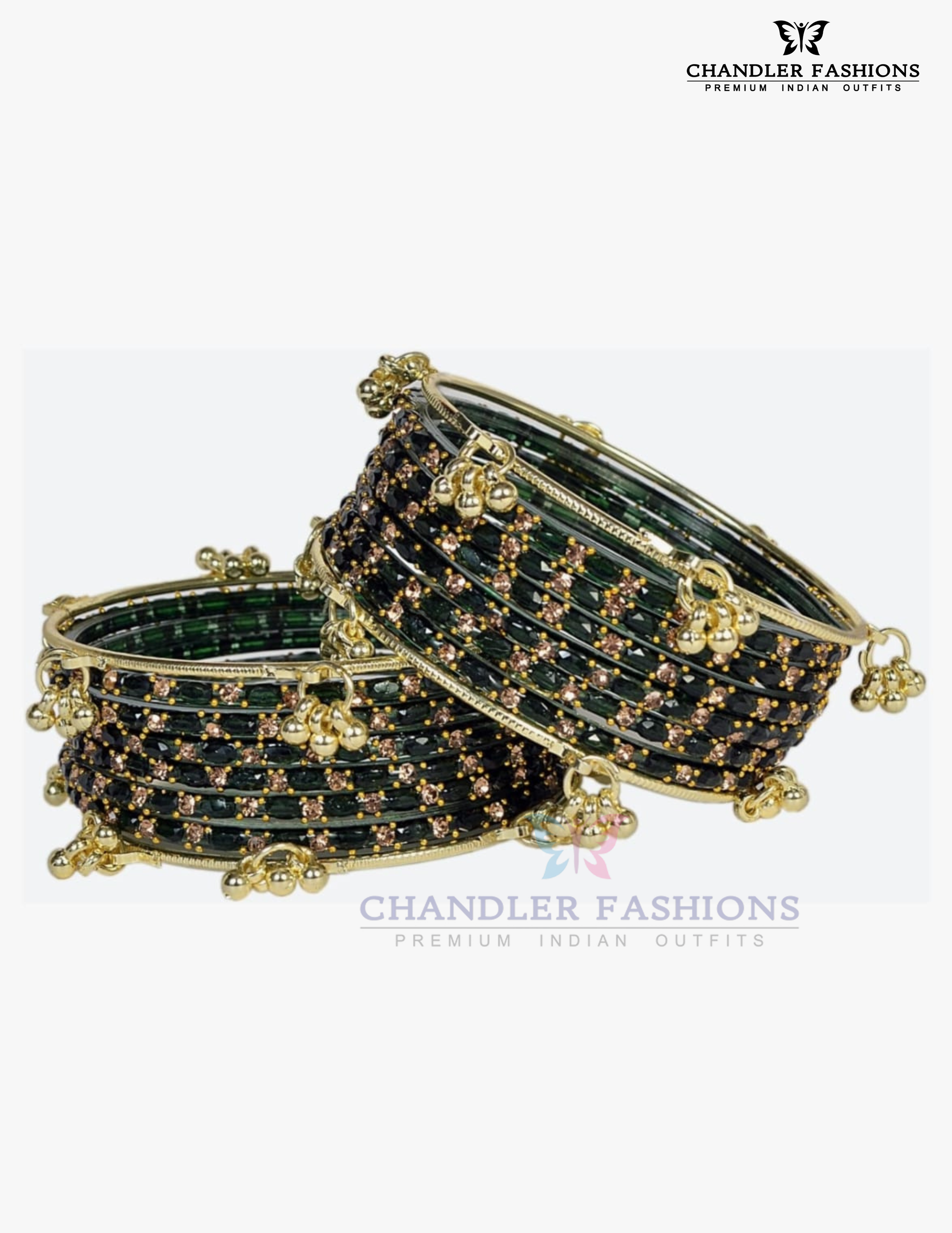 Amazing Dark Green Color Raindrop Glass Bangles With Stone And Gold Finishing