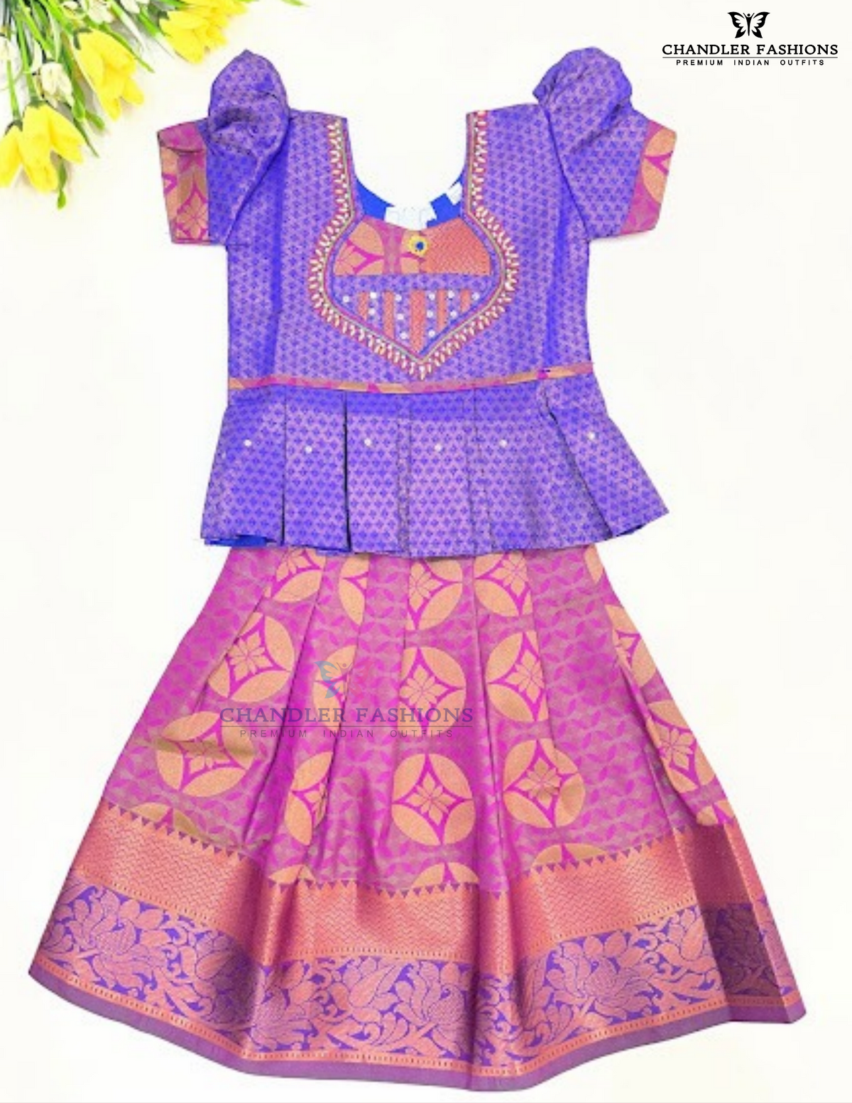 Amazing Violet And Purple Color Art Silk Langa Set With Zari Work For Girls