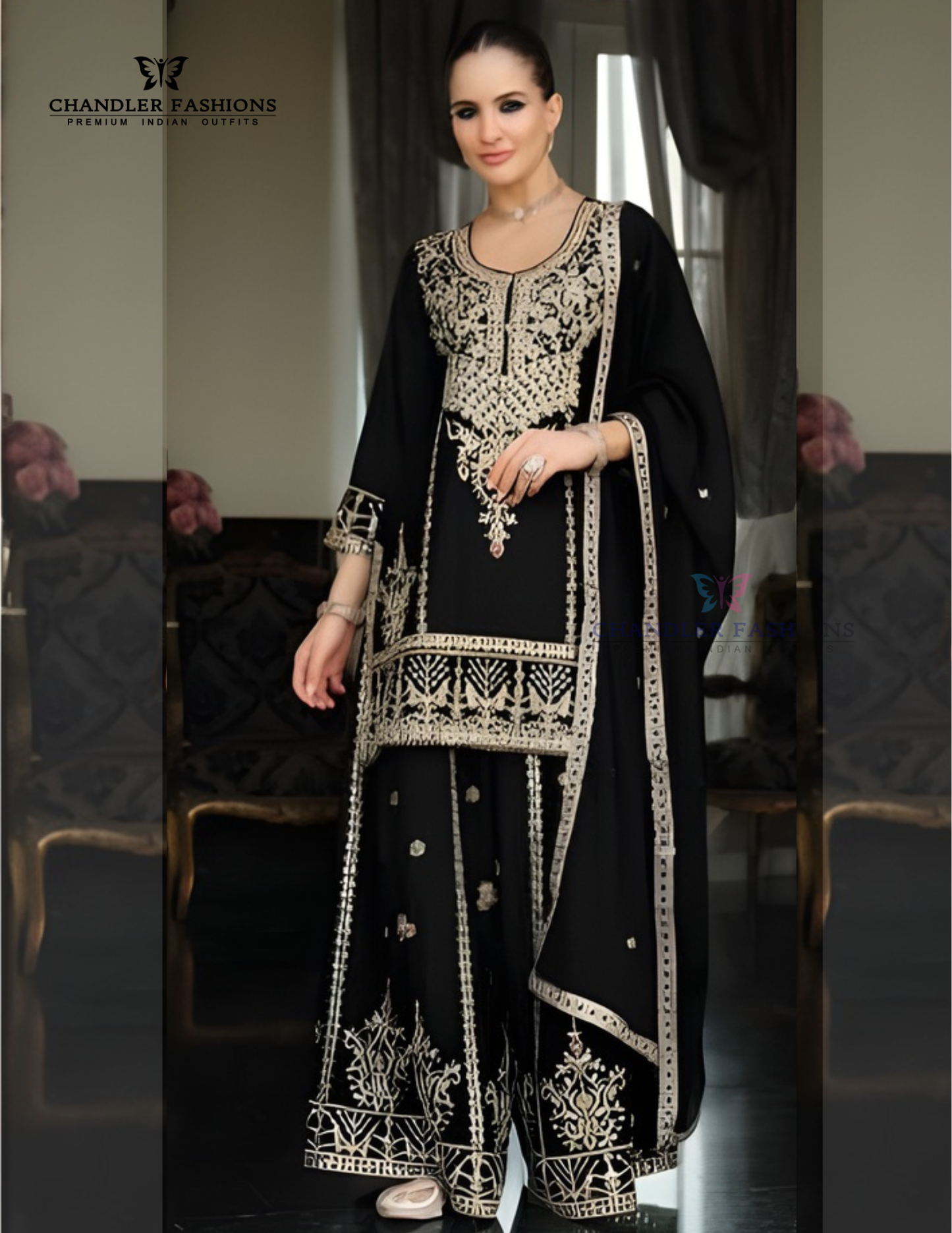Appealing Black Color Chinon With Embroidery Work Palazzo Suits With Dupatta