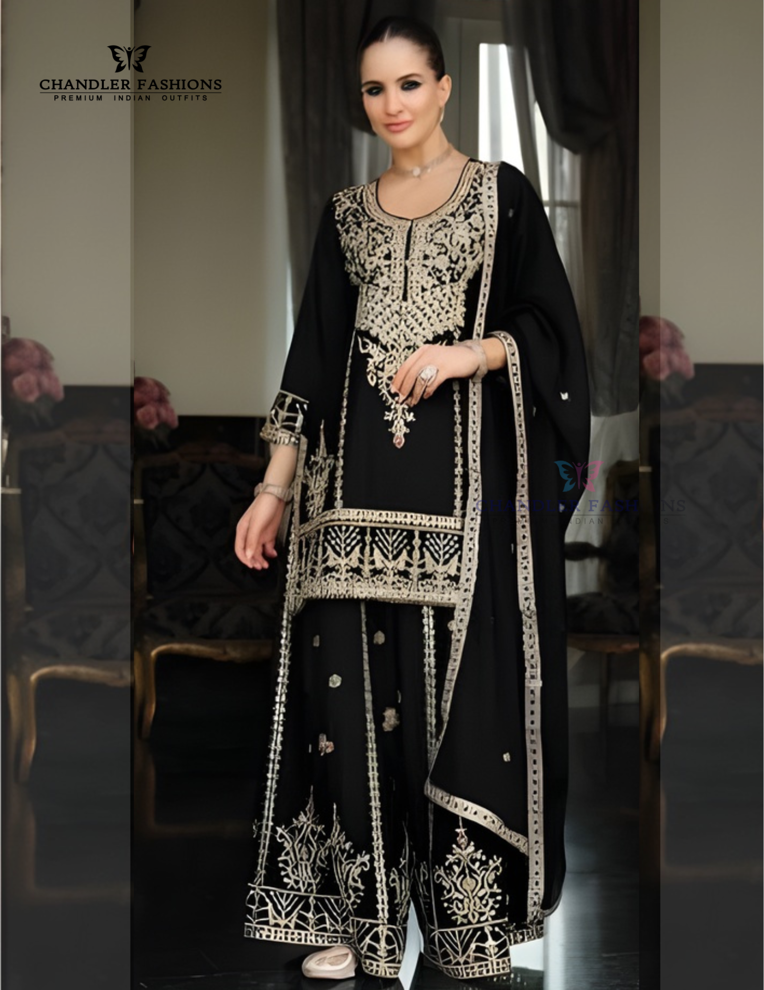 Appealing Black Color Chinon With Embroidery Work Palazzo Suits With Dupatta