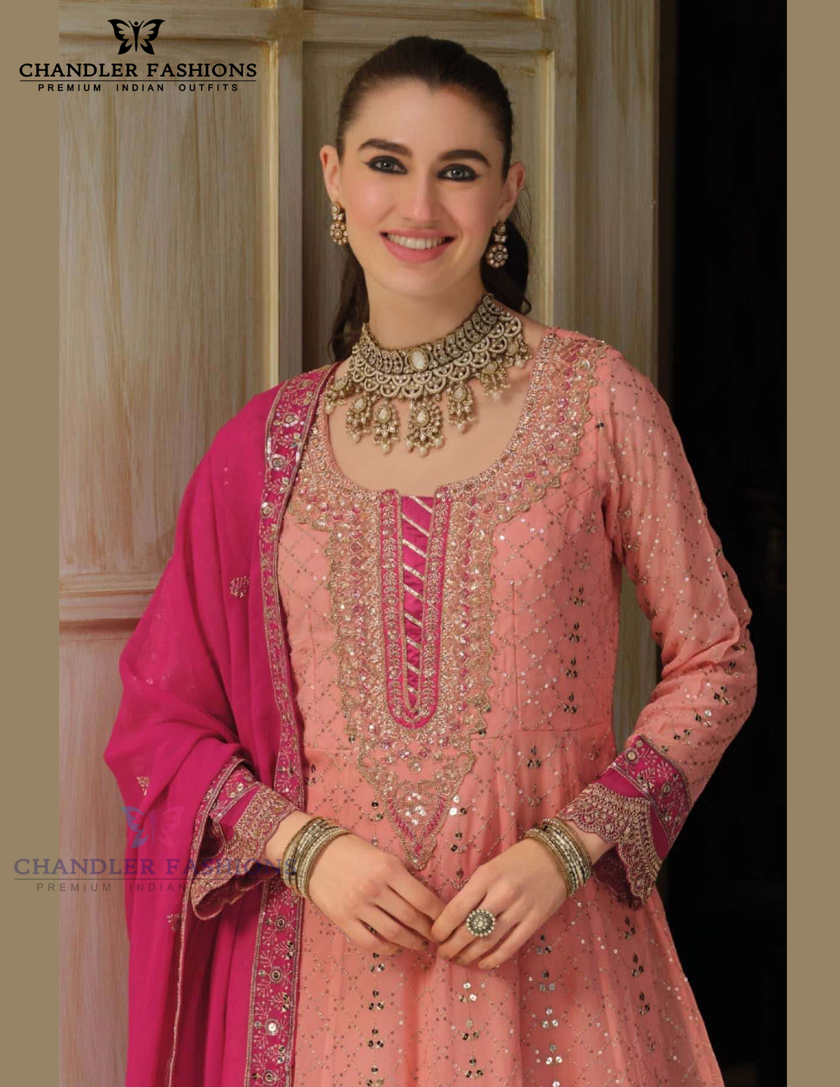 Peach Color Embroidery Work With Anarkali Gown In USA