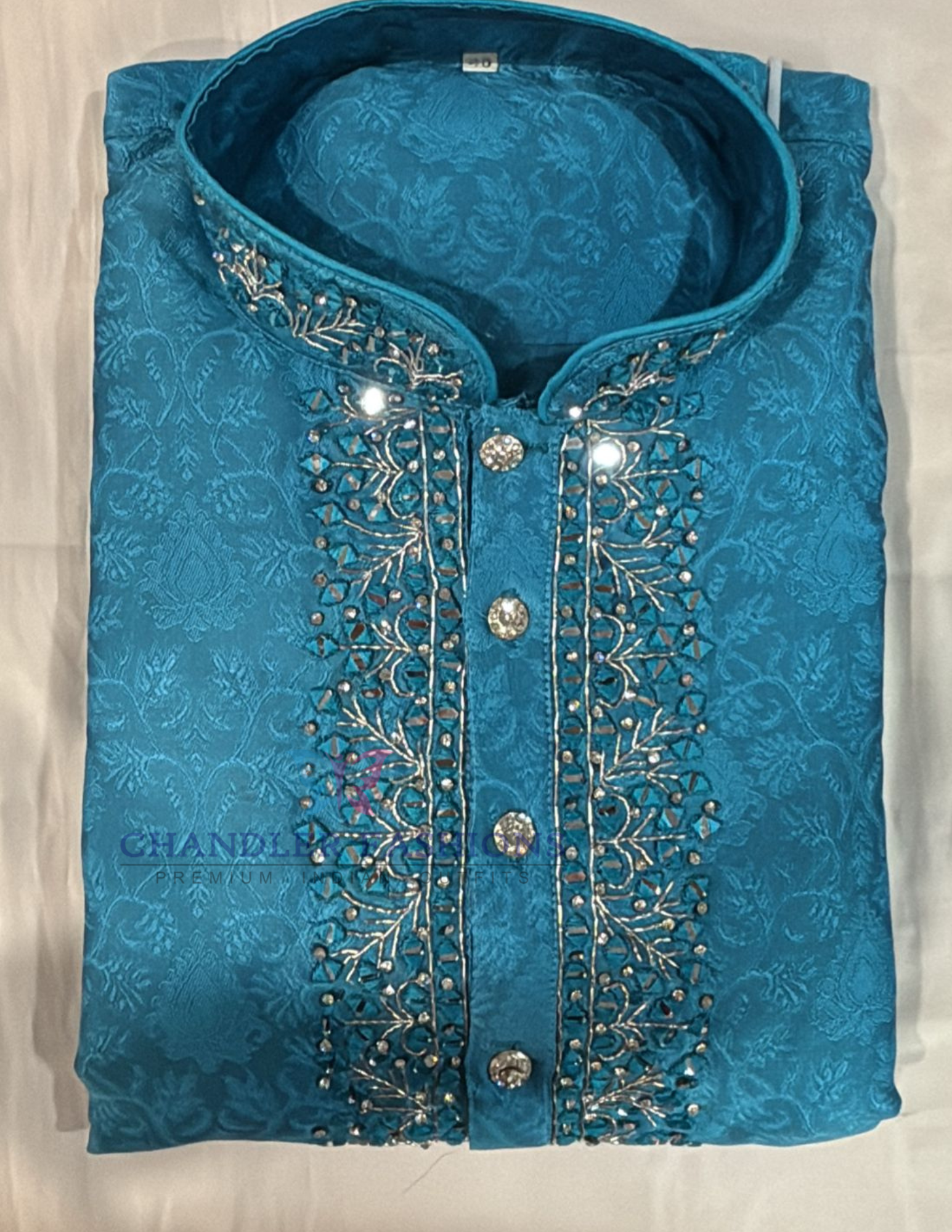 Delightful Teal Blue Color Cotton With Embroidery Work Designer Men's Kurta With Pajama Pant