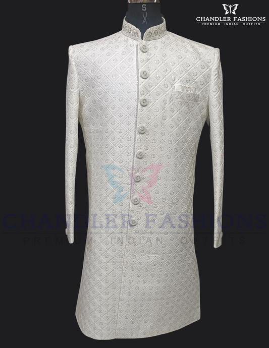 Premium Designer Vivaah Hand Embroidery Silk Sherwani Suit For Men - Ivory