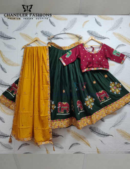 Attractive Green Color Hati Design Embroidery Work Chaniya Choli For Women