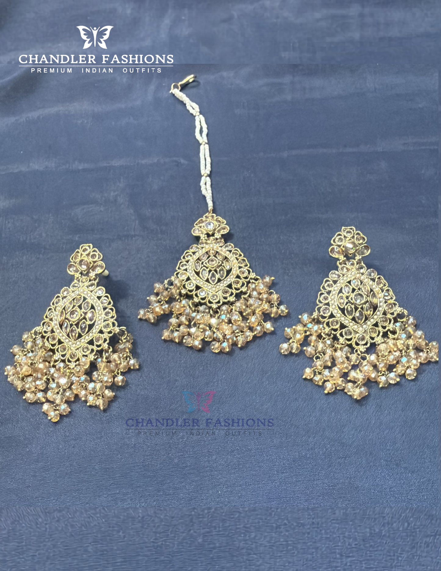 Amazing Gold Color Stones And Beads Earrings With Maang Tikka