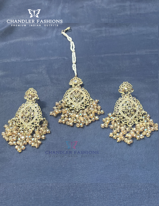 Amazing Gold Color Stones And Beads Earrings With Maang Tikka