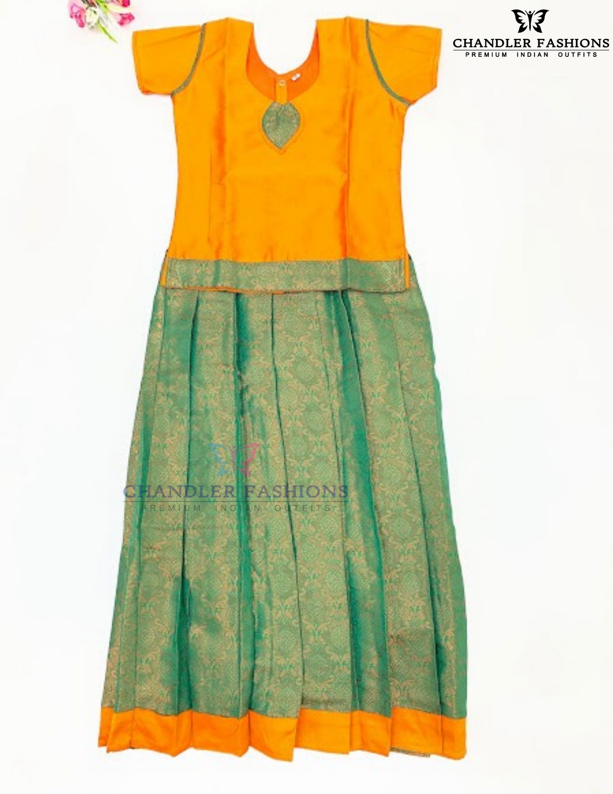 Attractive Orange And Green Color Art Silk Langa Set With Printed Work For Girls