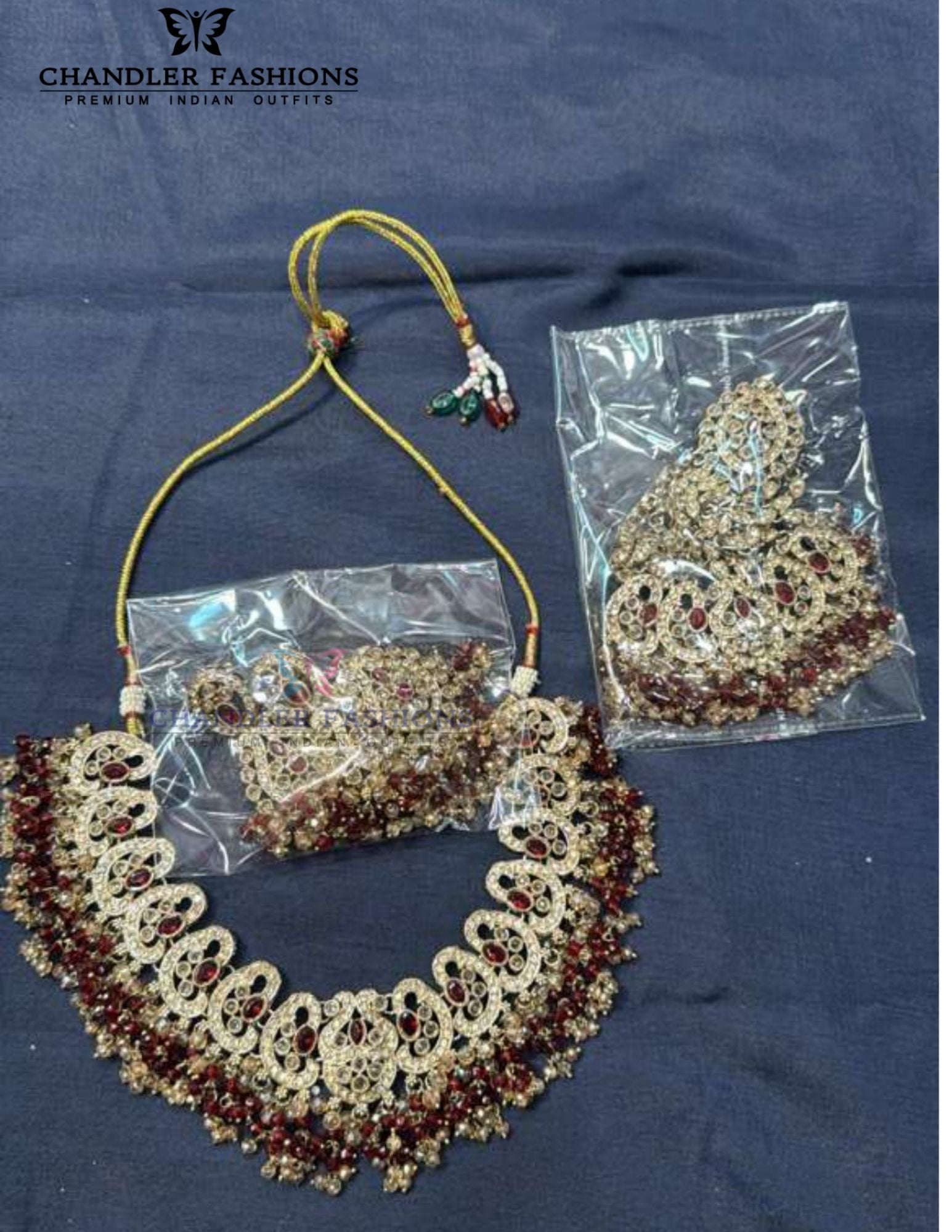 Lovely Antique Gold Red Color Kundan Necklace With Earrings And Maang Tikka