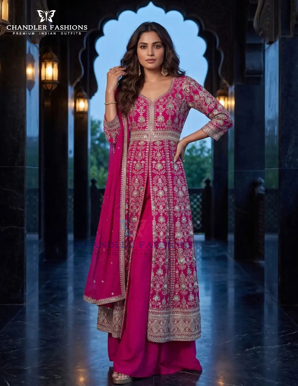 Pink Color Chinon With Embroidery And Thread Work Palazzo Suit Near Me