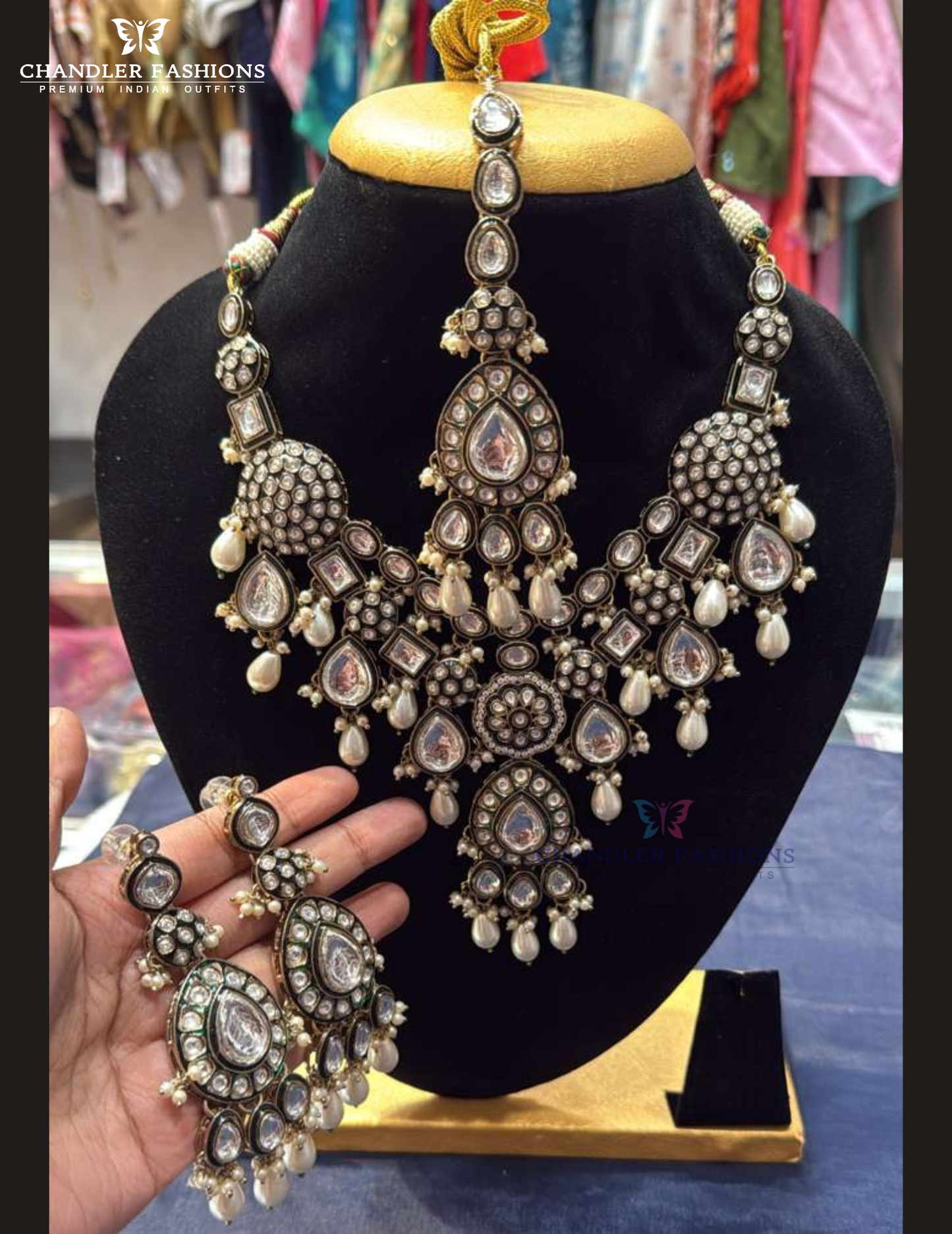 Wonderful White Color Stone Antique Gold With Pearl Beaded Necklace With Maang Tikka And Earrings