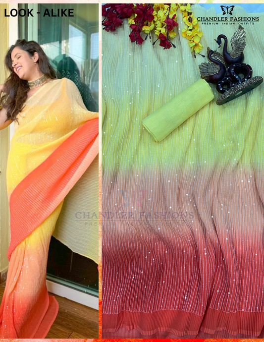Amazing Heavy Georgette Sequins Embroidery Work With Crush Yellow And Orange Multi Colored Saree