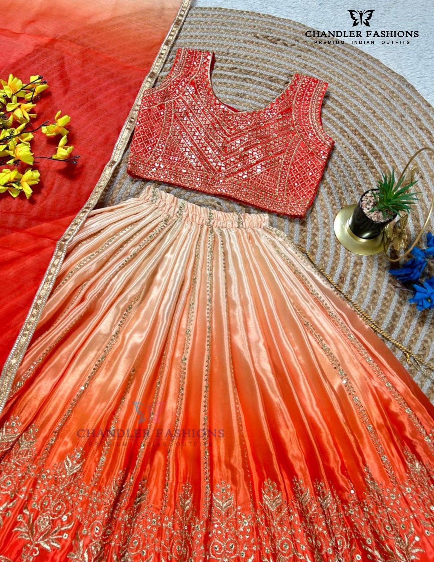 Orange Embroidery And Sequins Work Choli Set In Mesa