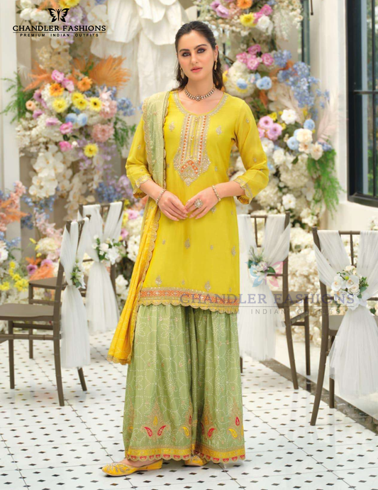 Gorgeous Yellow Color Heavy Chinon With Embroidery Work Sharara Suits With Dupatta
