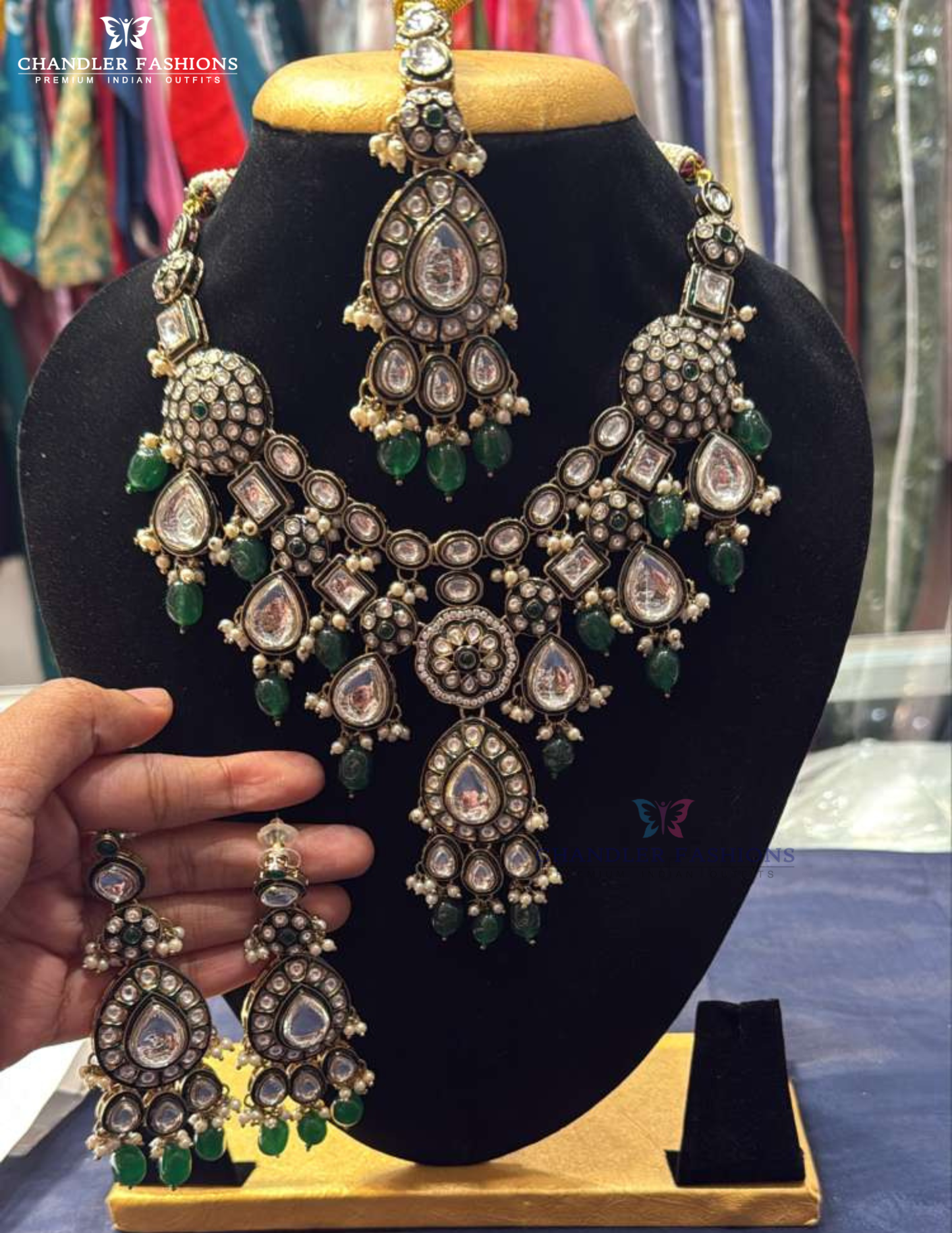 Fantastic White Color Stone Antique Gold With Pearl Beaded Necklace With Maang Tikka And Earrings
