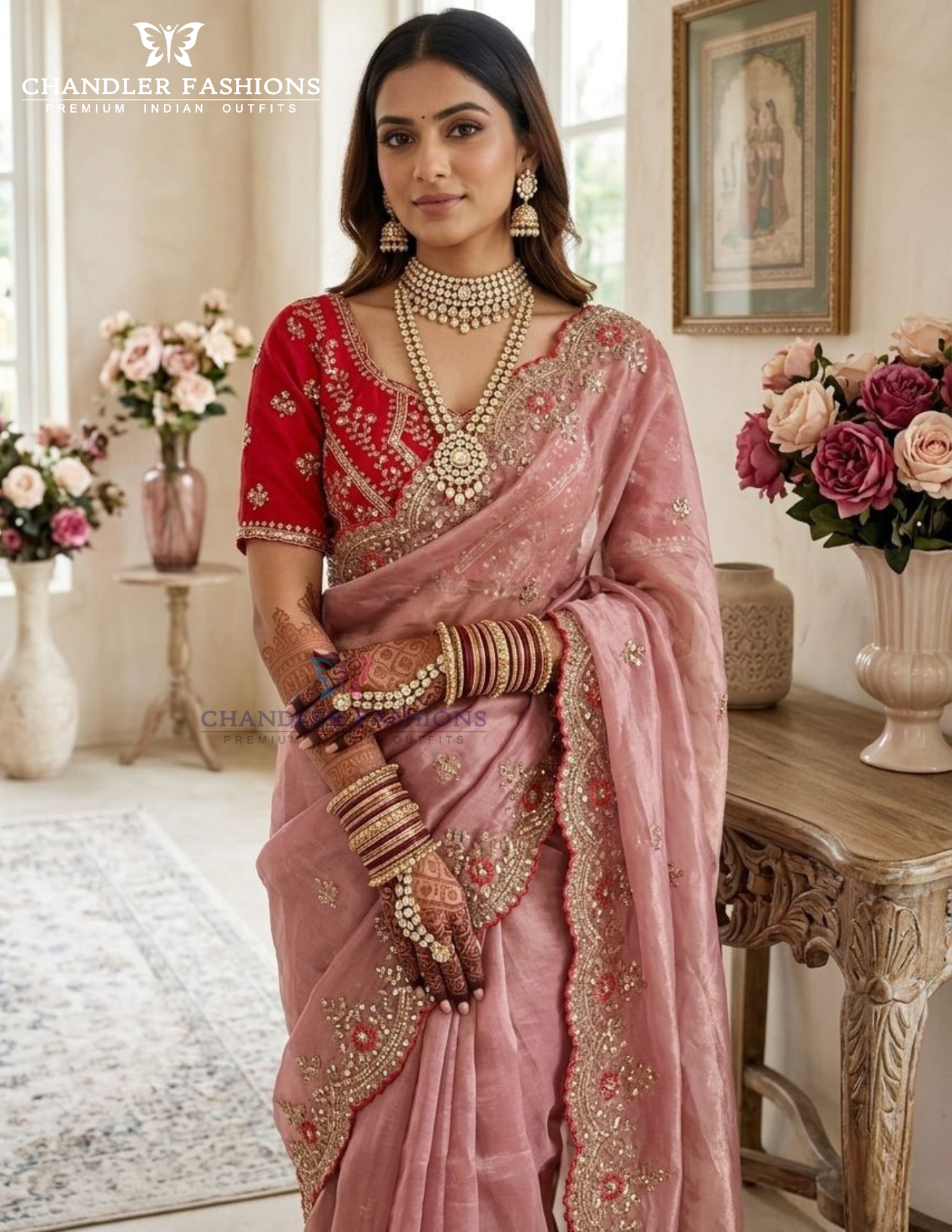 Pink Color Embroidered Saree Zari Work In Surprise