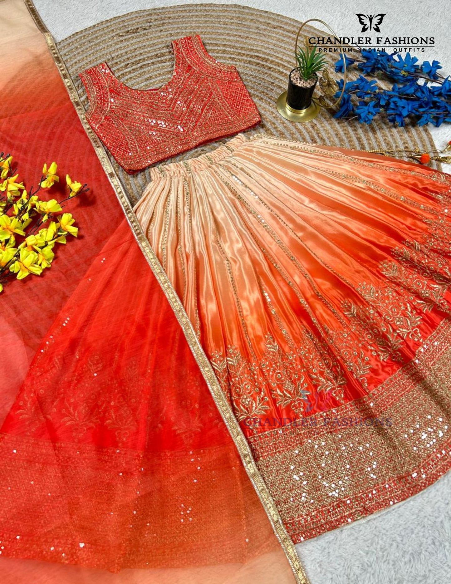Orange Embroidery And Sequins Work Choli Set With Dupatta In Yuma