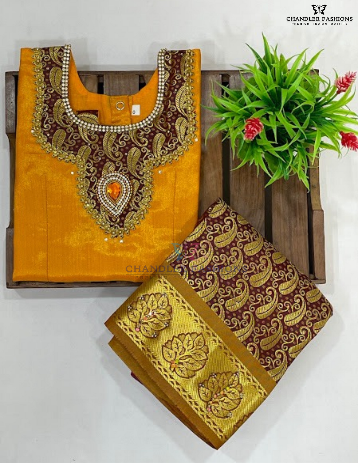 Yellow And Brown Color Art Silk Langa Set With Stone And Zari Work In USA