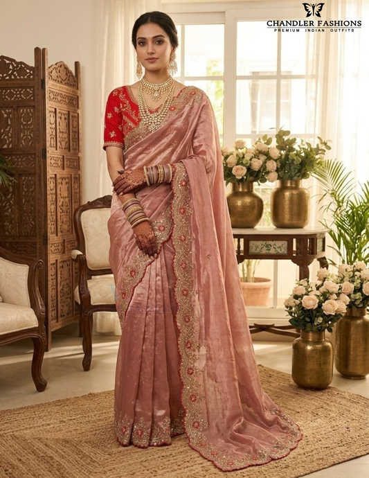 Elagant Pink Color Georgette With Embroidered Saree Zari And Sequins Work For Women
