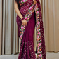 Wine Colored Designer Embroidery Thread Work And Sequins Work Saree 