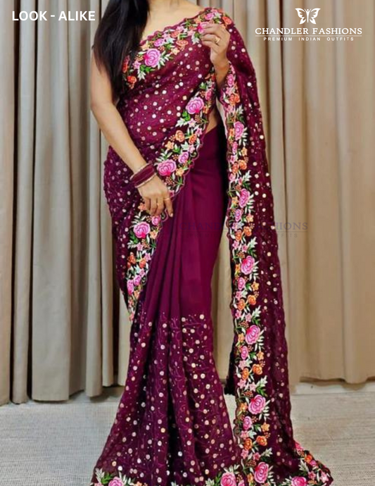 Wine Colored Designer Embroidery Thread Work And Sequins Work Saree 