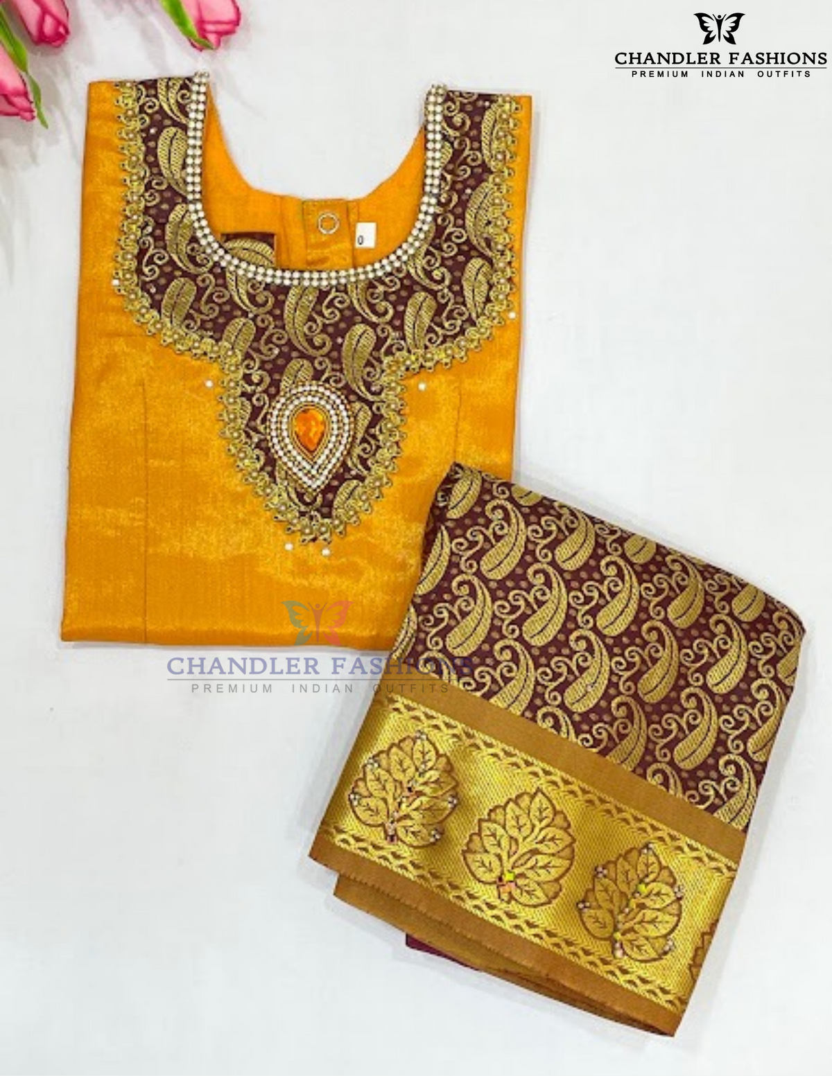 Amazing Yellow And Brown Color Art Silk Langa Set With Stone And Zari Work Near Me