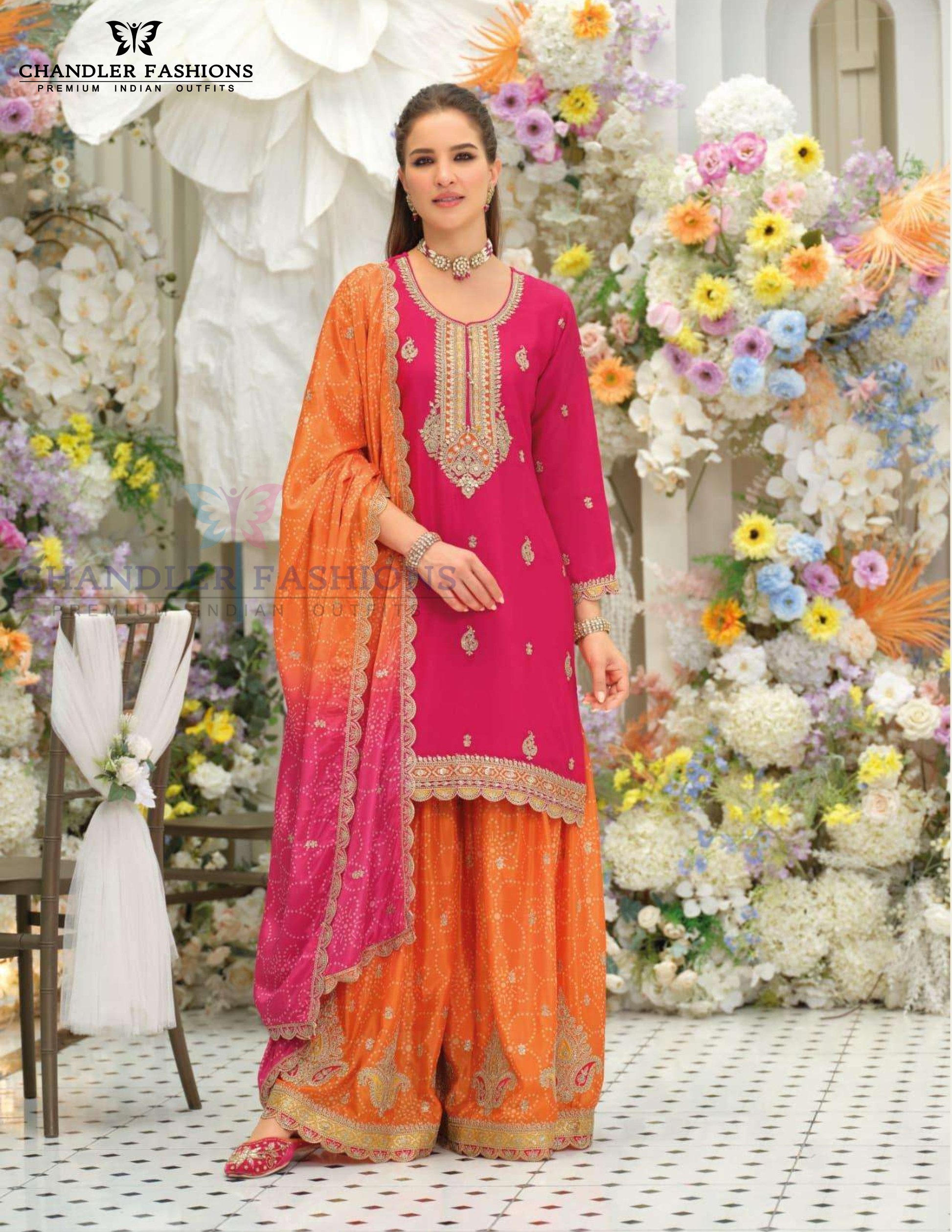 Pink Color Embroidery Work Sharara Suits In USA