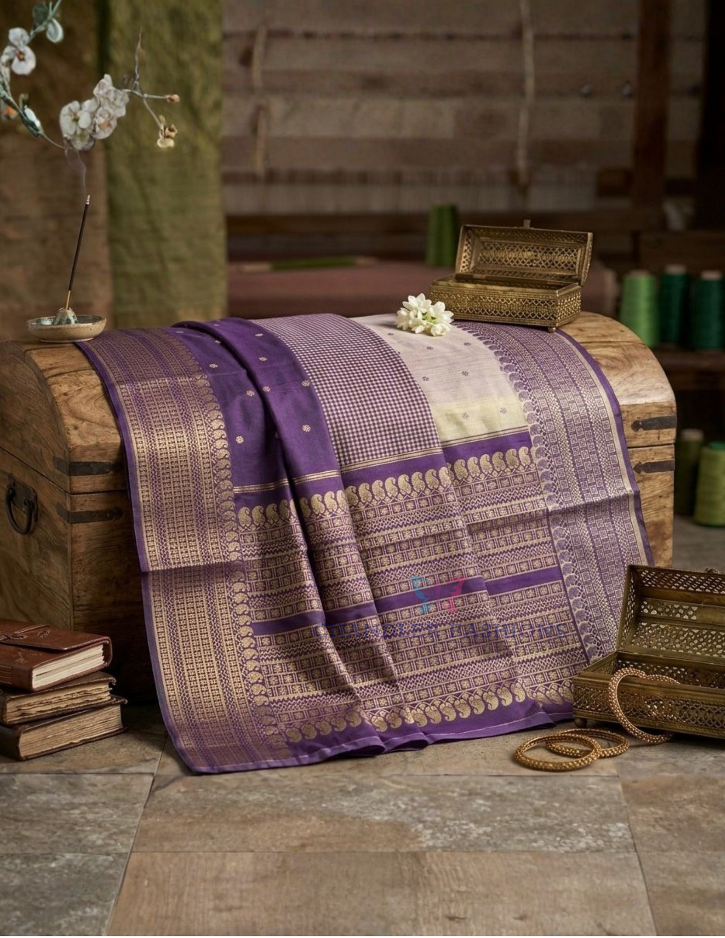 Amazing Violet And White Color Cotton With Zari Work Saree For Women