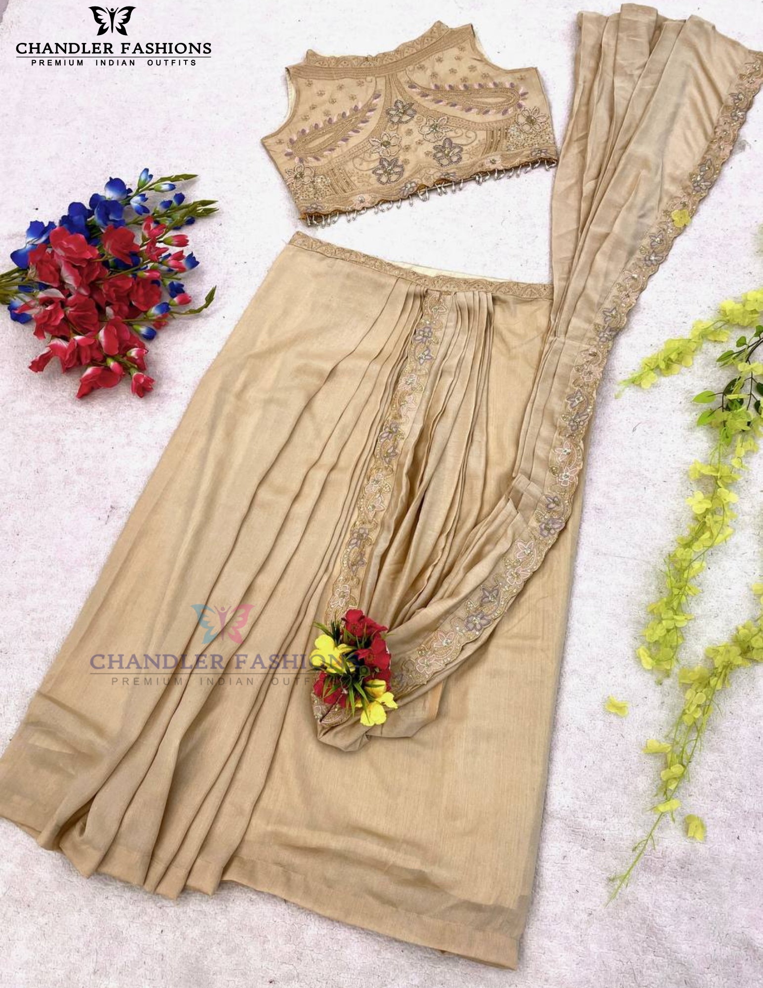 Cream Color Saree Embroidery And Sequins Work In Surprise