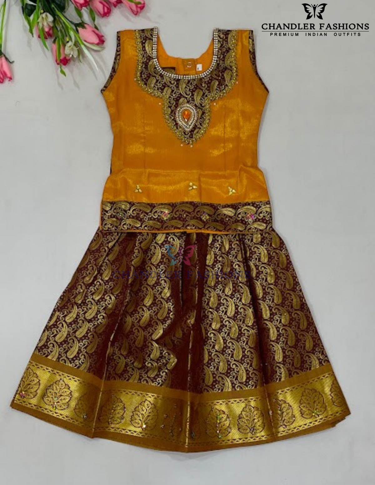 Amazing Yellow And Brown Color Art Silk Langa Set With Stone And Zari Work For Girls