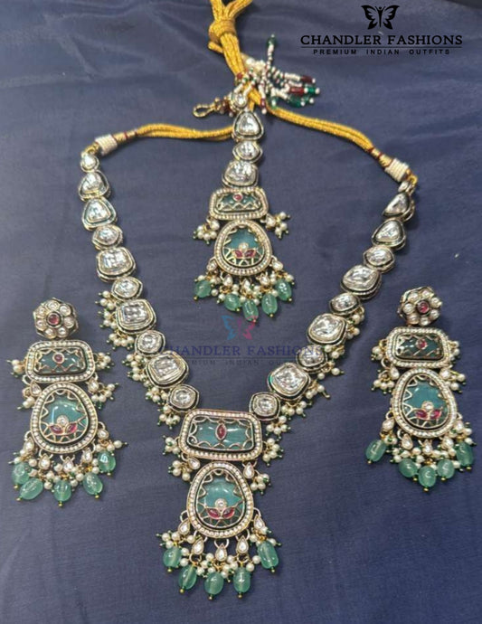 Attractive White And Green Color Pearl Kundan Necklace With Earrings And Maang Tikka
