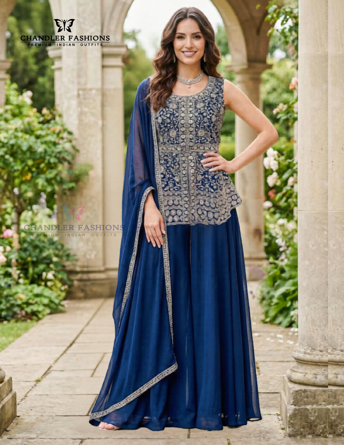 Alluring Navy Blue Color Georgette With Embroidery And Sequins Work Sharara Suit For Women