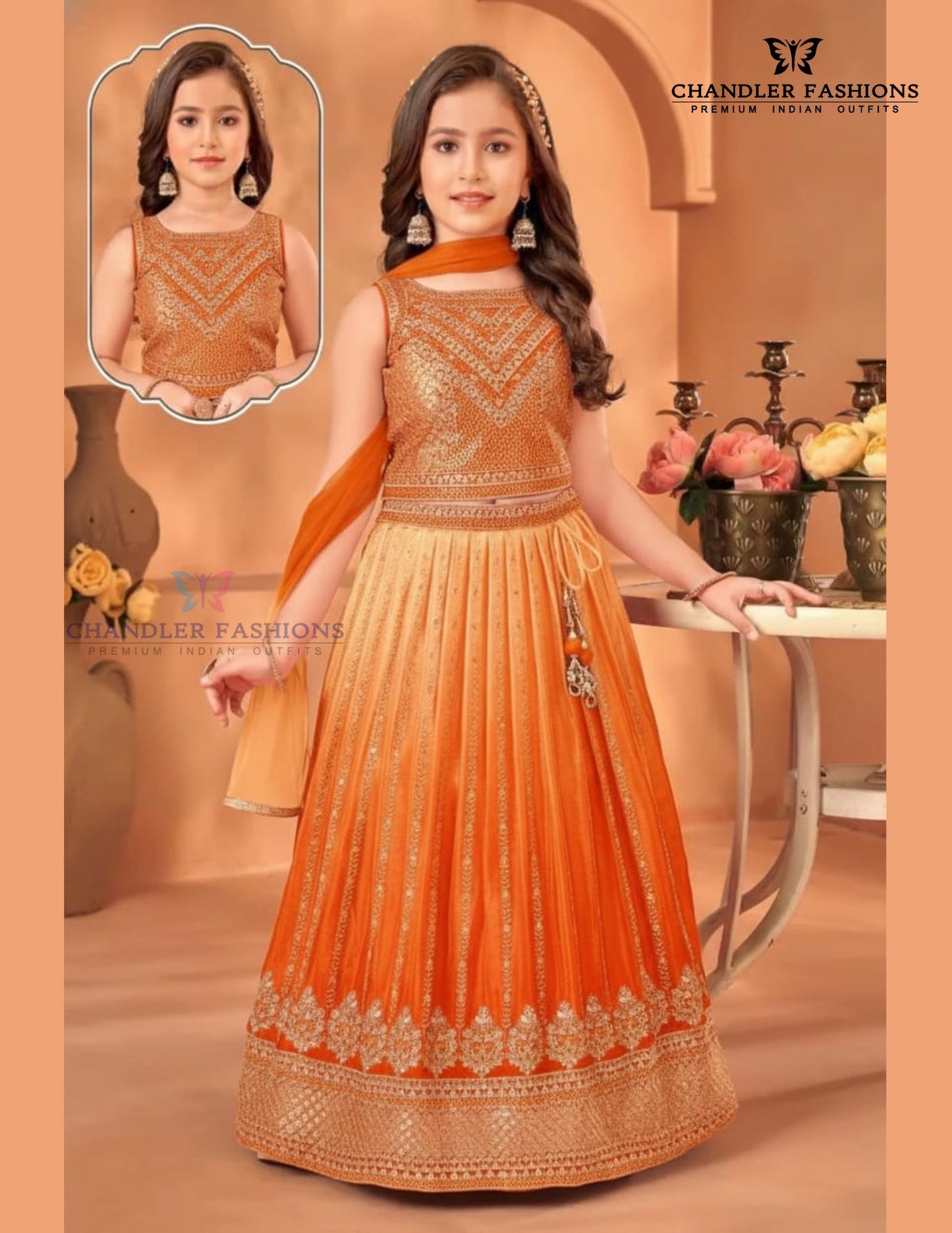 Lovely Orange Embroidery And Sequins Work Choli Set With Dupatta For Girls