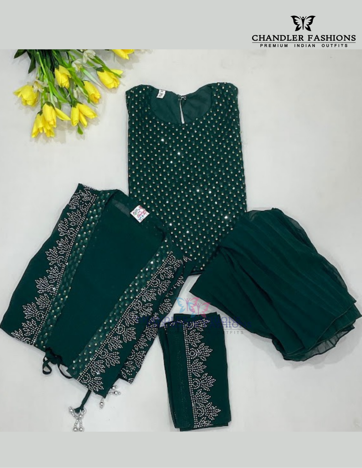 Beautiful Dark Green Color Georgette Palazzo Suits With Embroidery And Sequins Work Near Me