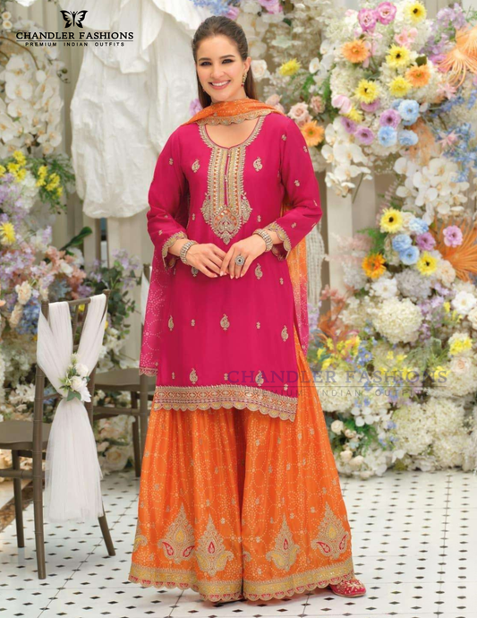 Appealing Pink Color Heavy Chinon With Embroidery Work Sharara Suits With Dupatta