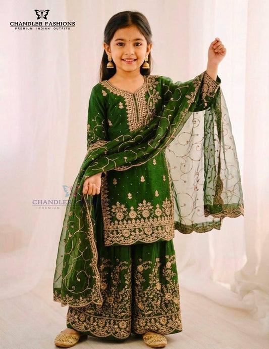 Elegant Green Color Georgette Embroidery Work Sharara Suit For Girls