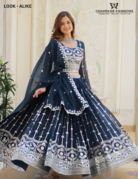 Stunning Blue Color Georgette With Sequins Embroidery Work Lehenga Choli For Women